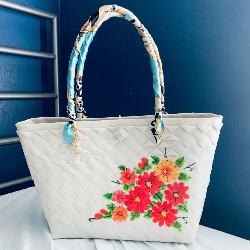 Summer Beach Woven Floral White Tote Bag
